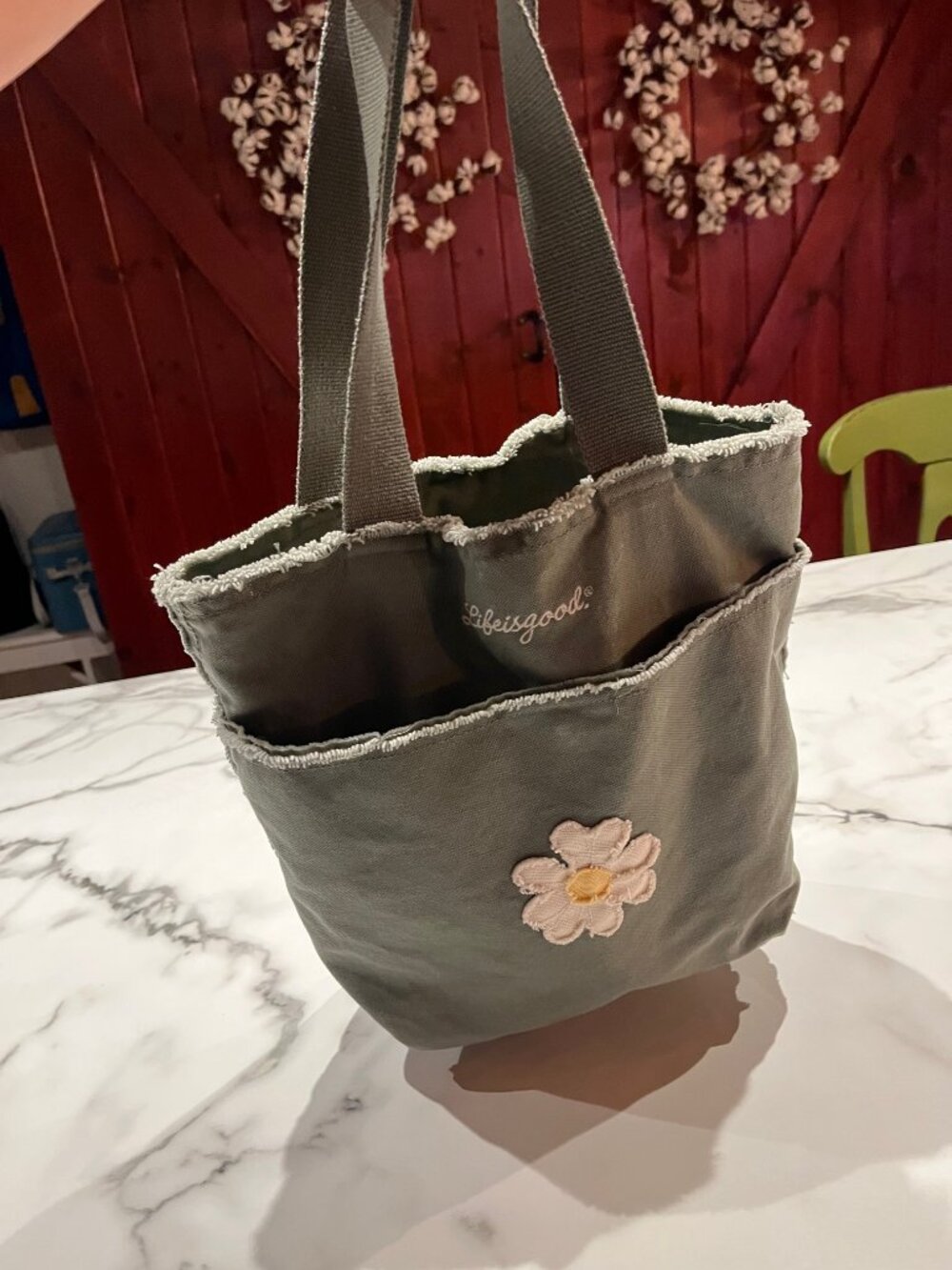 Life Is Good Olive Green Canvas Daisy Pocket Tote Bag - Picture 1 of 10